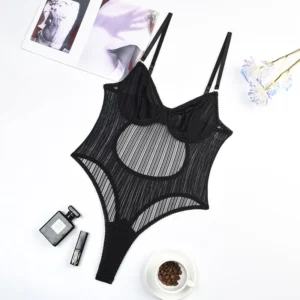 Black Striped Mesh Bodysuit