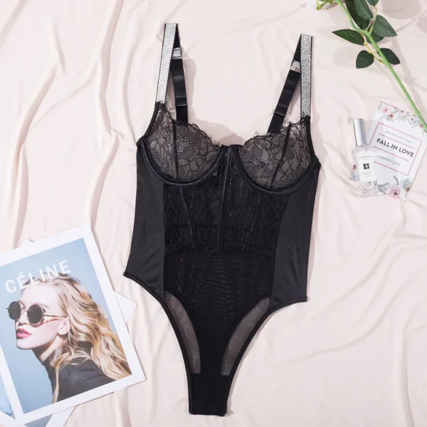 Black Lace Glitter Mesh Bodysuit