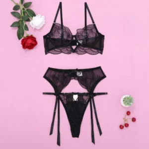 Black Sheer Bra and Panty Set with Suspenders