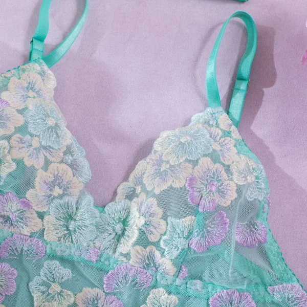 Green Babydoll Lingerie with Sheer Floral 3