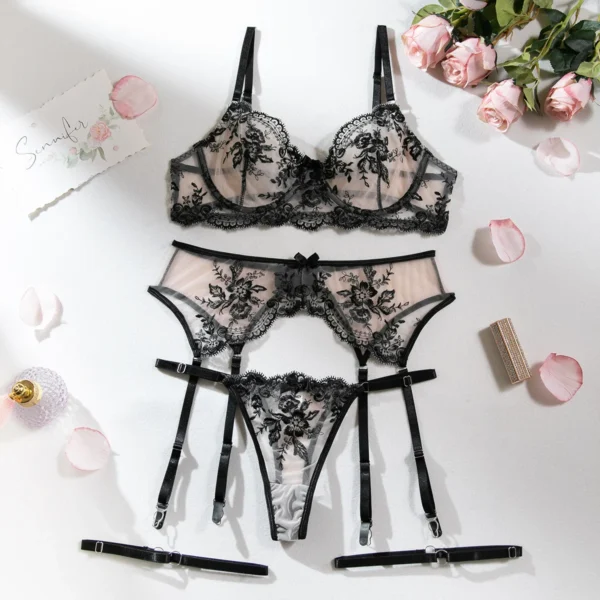 Lace Bra and Garter Set with Embroidered Flowers