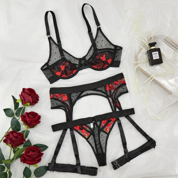 Bra and Panty Set with Red Floral Detailing