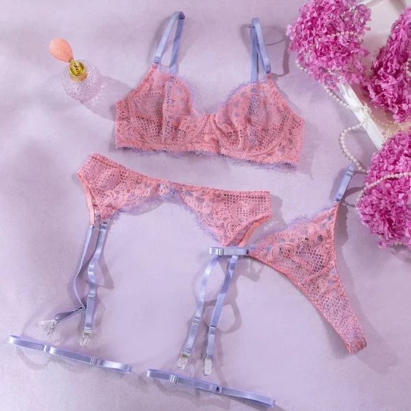 Pink Hollow Lace Lingerie Set 1