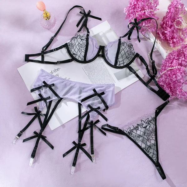 Sheer Lace Bra and Panty Set with Suspender